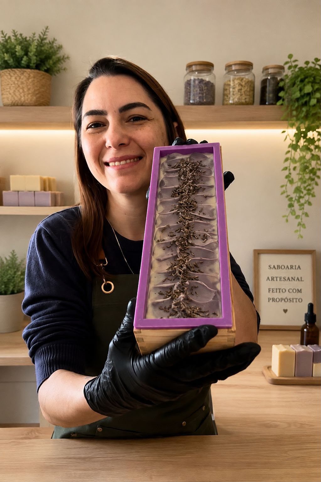 Camila Braga em seu ateliê, segurando uma forma de sabonete